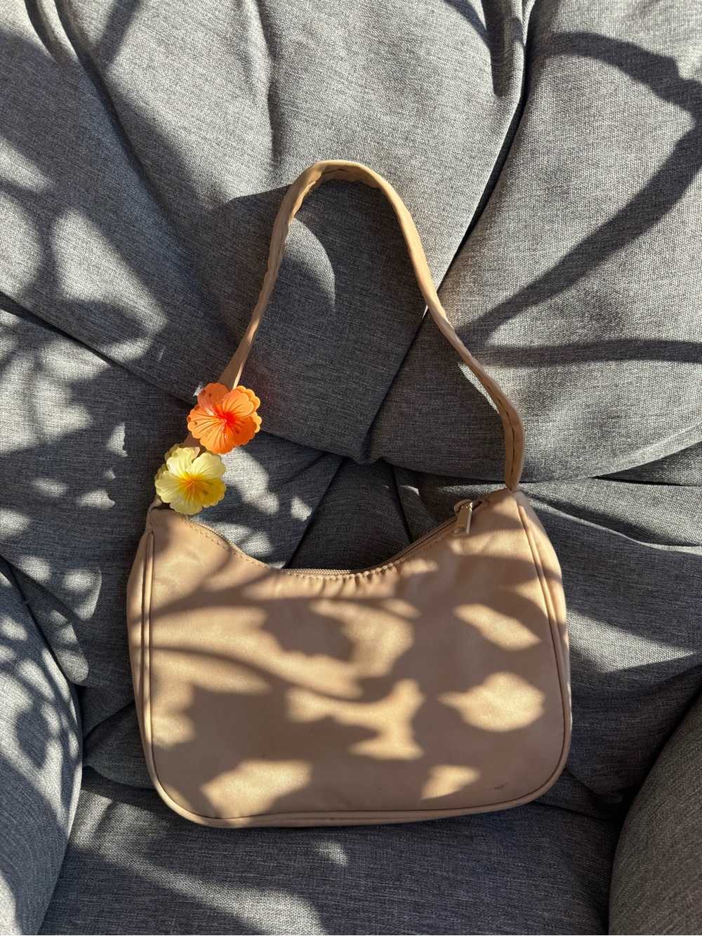 Neutral Beige Shoulder Bag with Floral Clips - Women's Shoulder Handbag